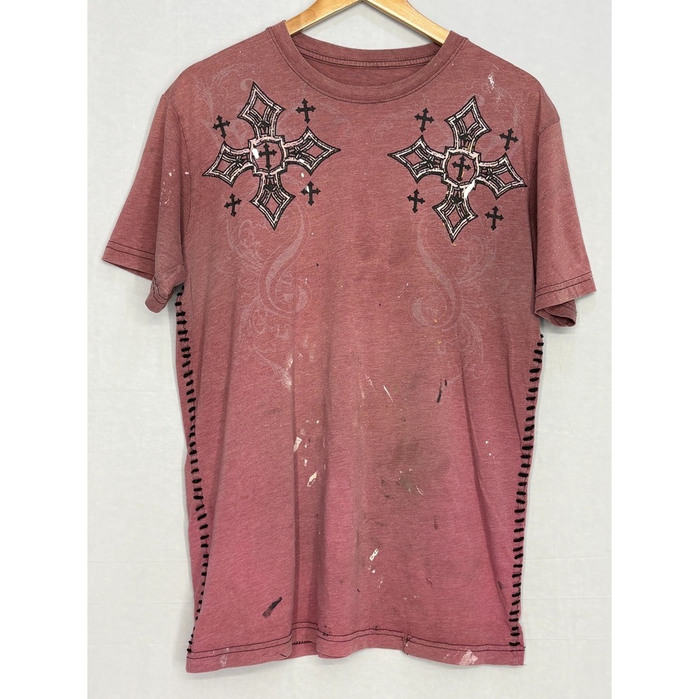 Raw State T-Shirt Mens Red Affliction Gothic Crosses Stitched Sides Bogo Large